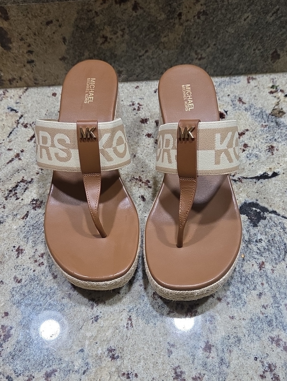 Michael Kors Brown and Cream Logo Wedge Thong Sandals